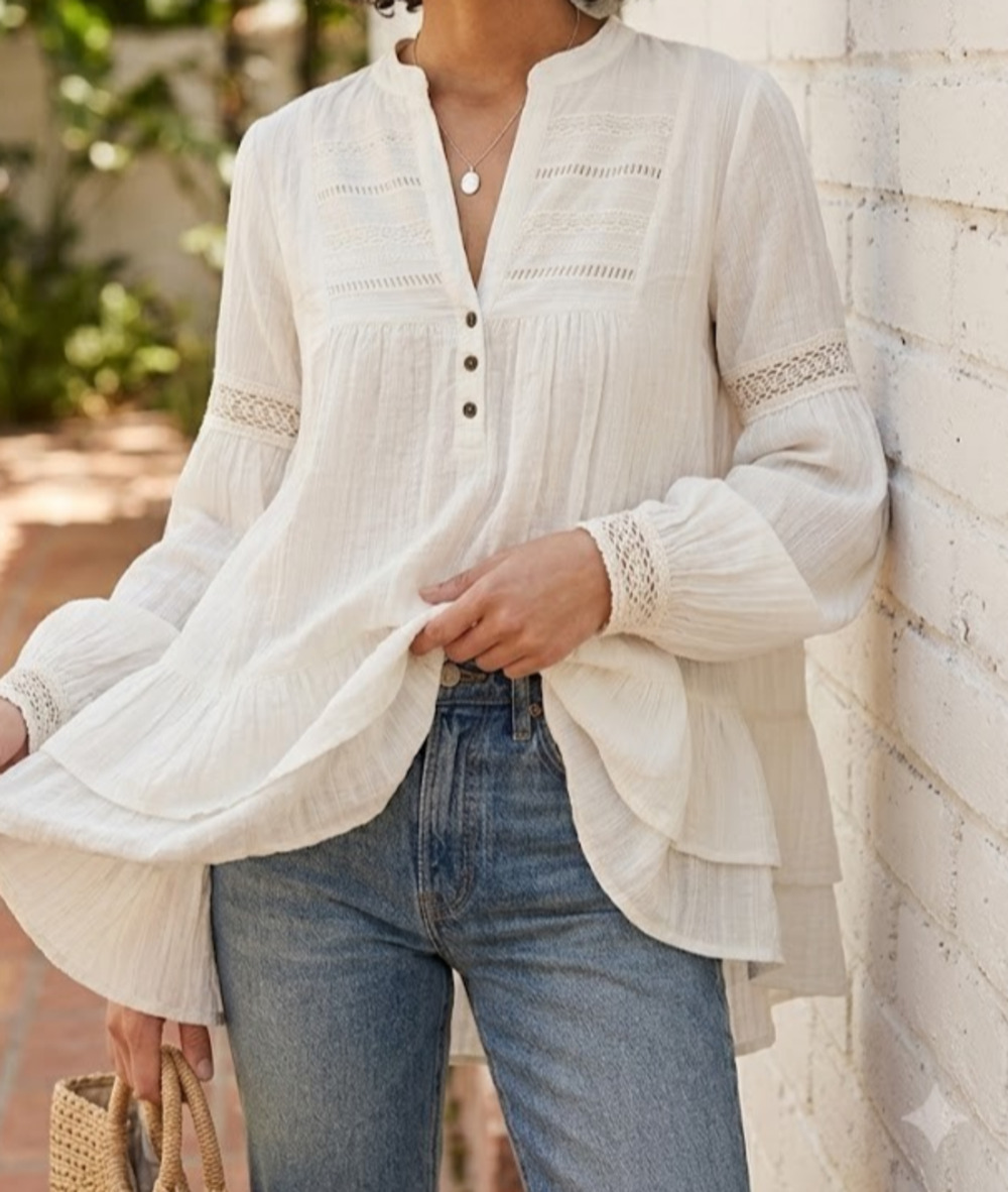 Anthropologie White Boho Peasant Blouse M Ruffle TierTunic Gauze Balloon Sleeve